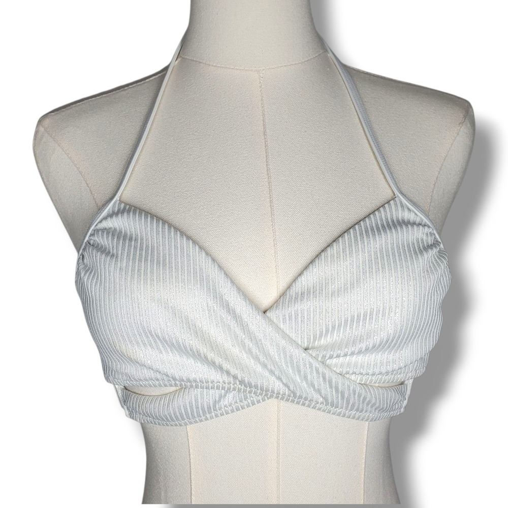 PINK Victoria's Secret Ribbed Halter Bikini Top Womens S White Sparkle Festival‎